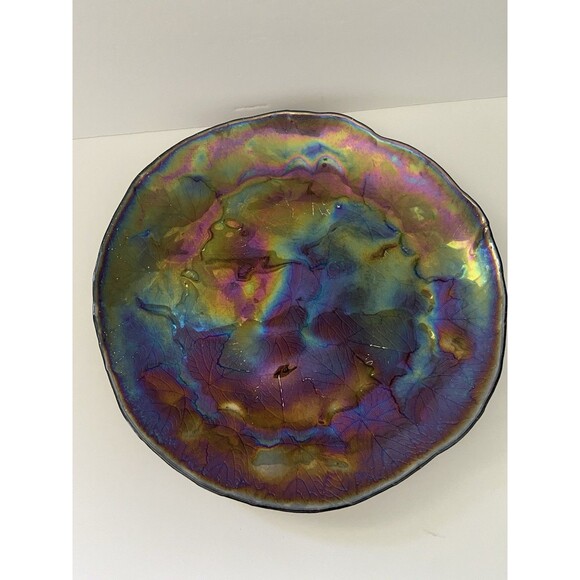 Vintage Iridescent Glass Decorative Plate 14” Diameter Brown Bottom - Picture 2 of 9